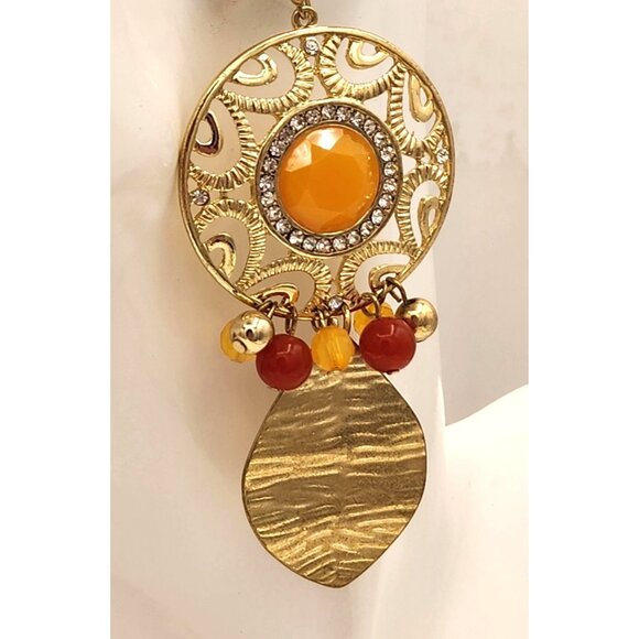 Gold Filigree Dangle Earrings Orange Red Beads, Rhinestones Thailand Fall Party - Picture 2 of 5
